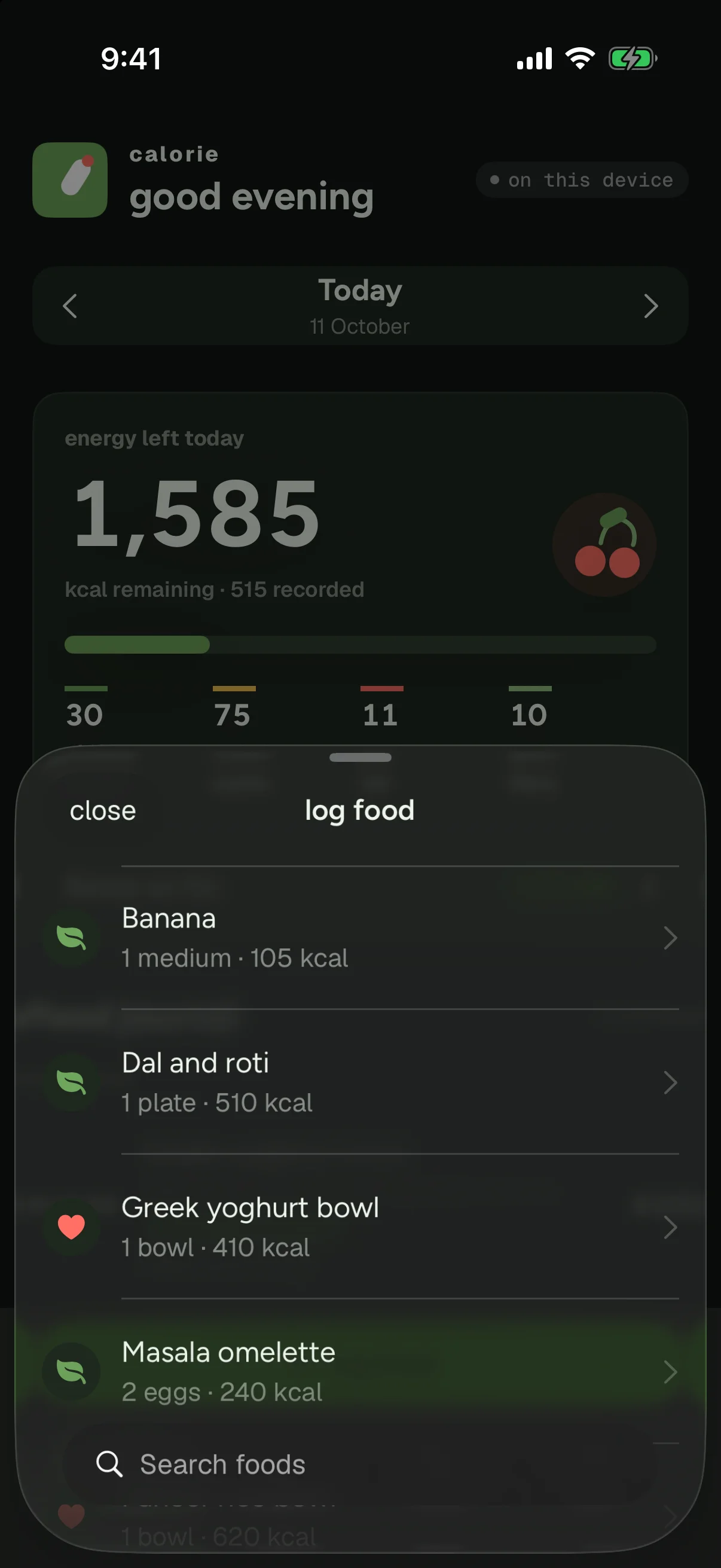 Calorie quick log sheet for adding a saved or one-off food with an amount and eating time