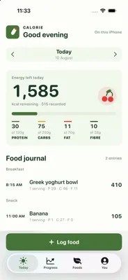 Calorie Today on iPhone, with the day’s log and timing guidance